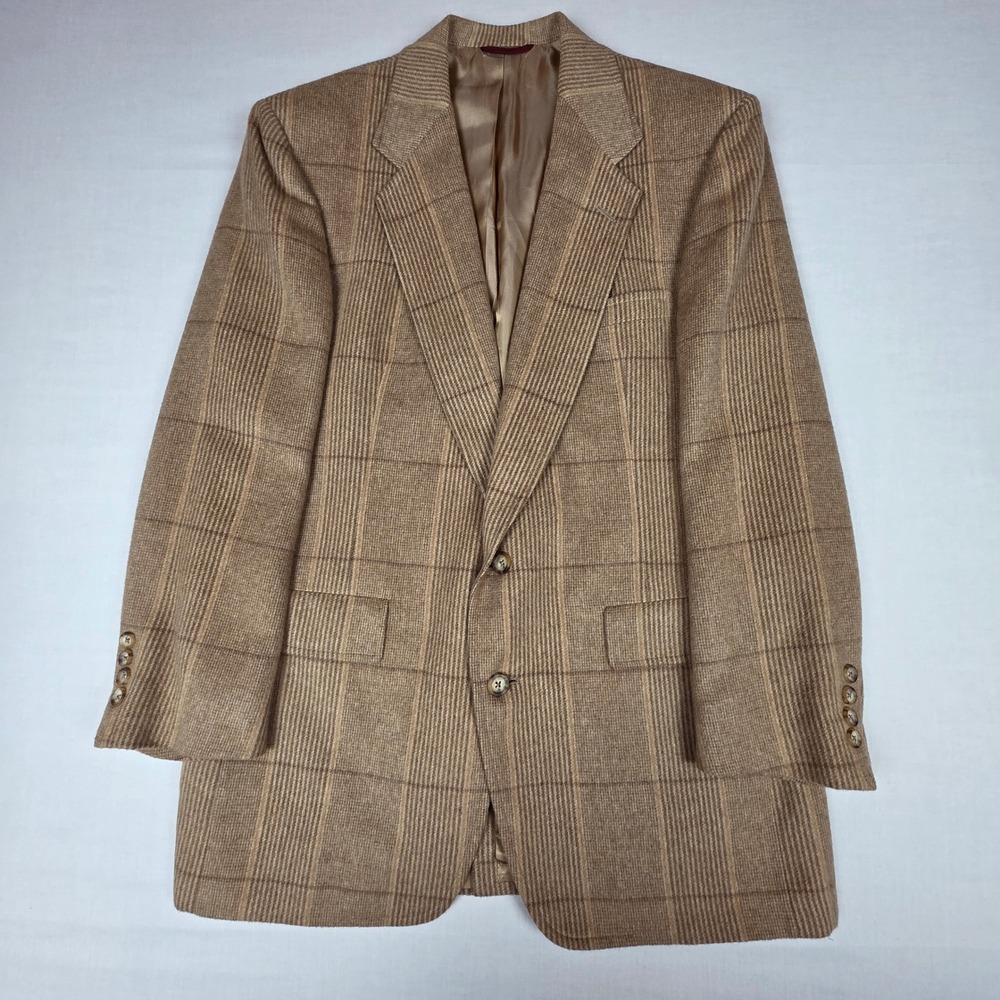 Hart Schaffner & Marx 100% Camel Hair Plaid Sport Coat Blazer Mens 42R Tan Brown
